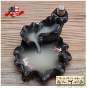 Ceramic Backflow Cone Incense Burner Lotus Waterfall & FishYK021 & 10 Cones Gift
