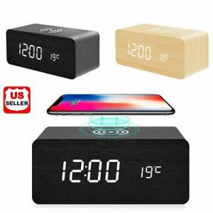 Modern Wooden Wood Digital LED Desk Alarm Clock Thermometer Qi Wireless Charger