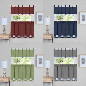 3-Piece Window Kitchen Curtain Cafe Set, Solid Stripes, Panels + Tab Top Valance