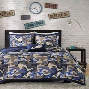 Blue Tan Camo Camouflage 4 pc Quilt Coverlet Set Twin XL Full Queen Bed Military