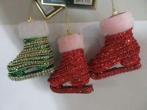 Lot of 3~ Ice Skates Christmas Ornaments Holiday Tree Decor Red & Green